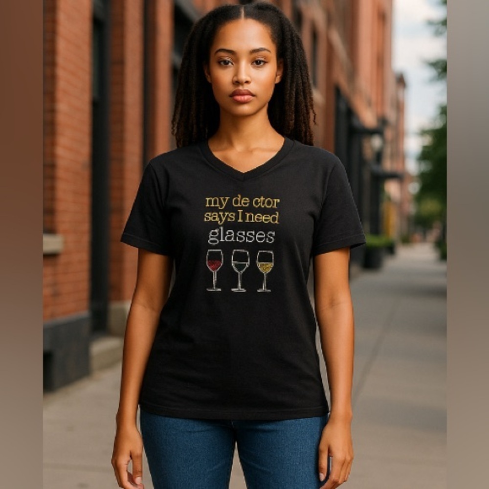 Black Gold Relaxed Short Sleeve Tee with Fun Wine Glasses Design.